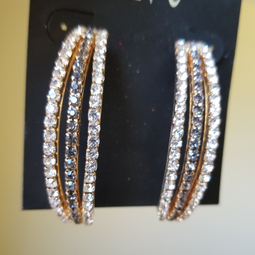 INC Gold Tone Crystal 3-Row Hoop Earrings